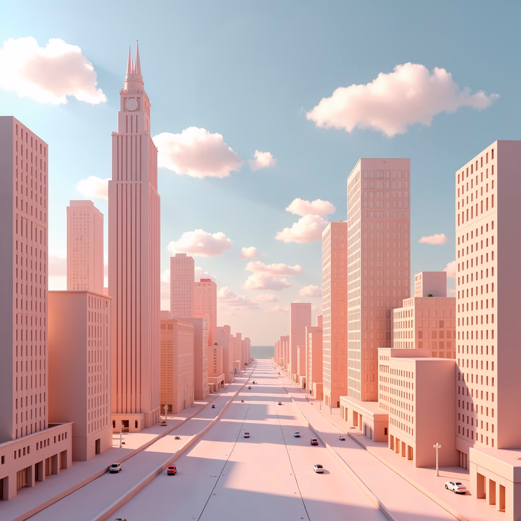 Pastel pink urban skyline with modern architecture and soft clouds.