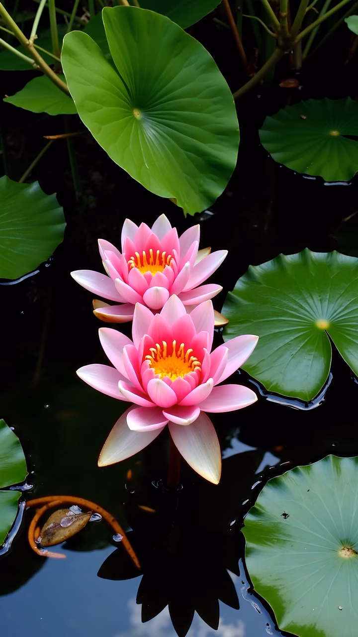 Vibrant pink lotus blossoms in a tranquil aquatic setting.