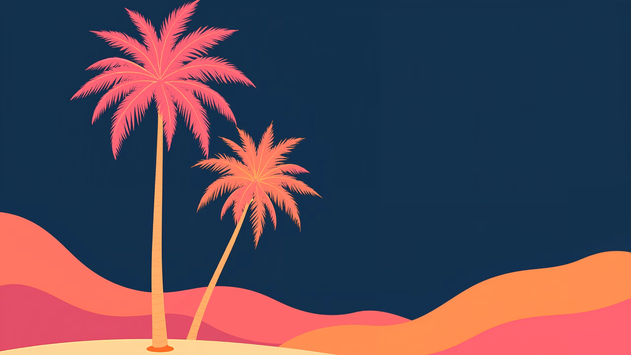 Stylized pink palm trees on a serene beach under a dark sky.