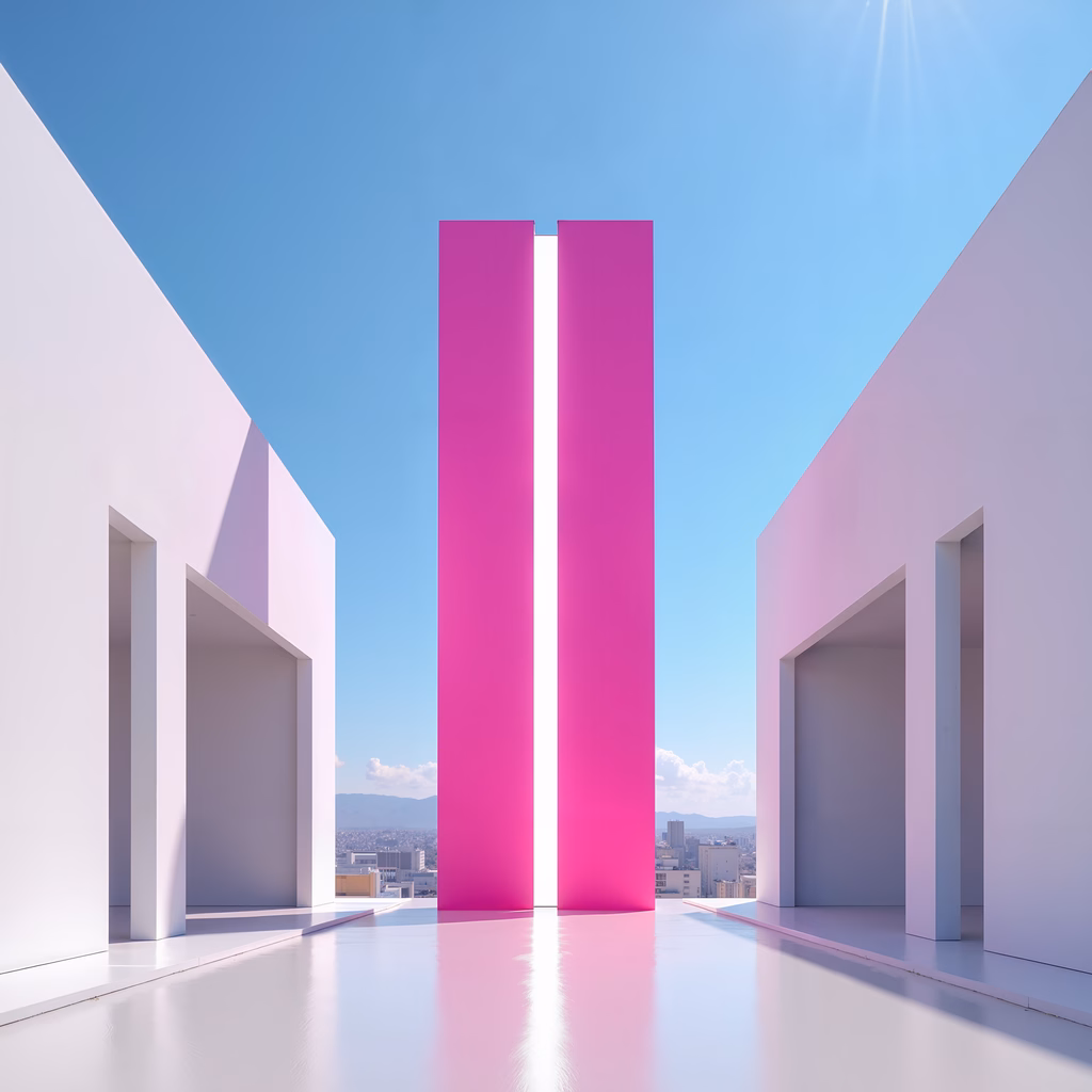 Minimalist architecture with vibrant pink pillars and bright sunlight.