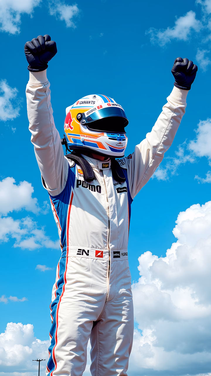 Celebratory moment of a race car driver under a vibrant sky.