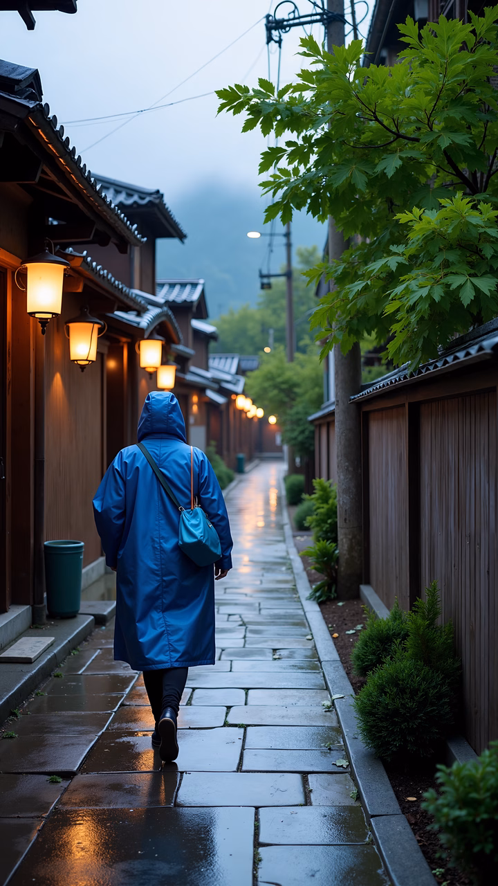 Solitary figure in blue raincoat walking down a cobblestone street under warm lanterns during a rainy evening.