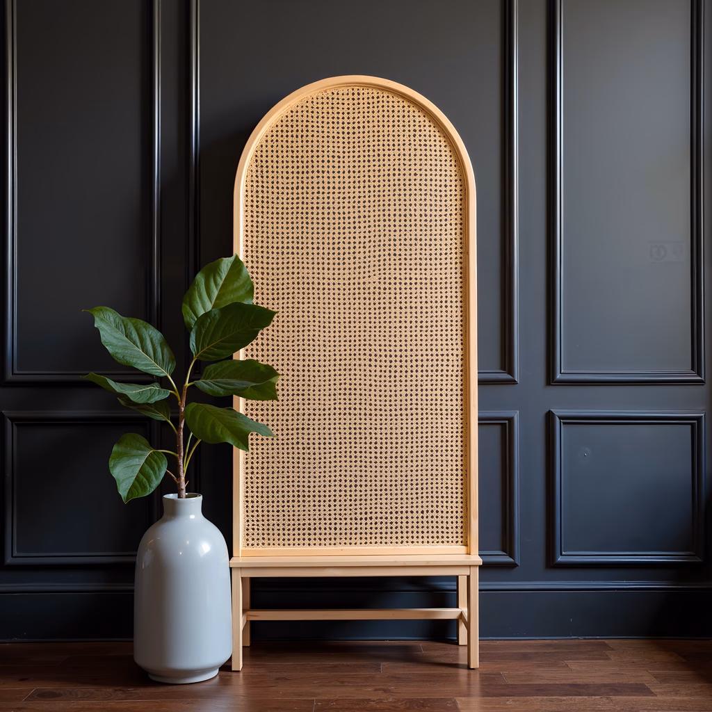 A stylish rattan screen paired with a green plant in a minimalist interior setup.