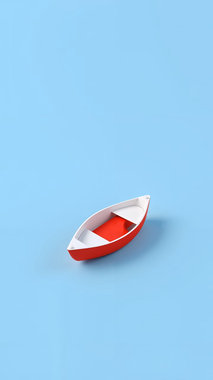 Minimalist red boat on tranquil blue background