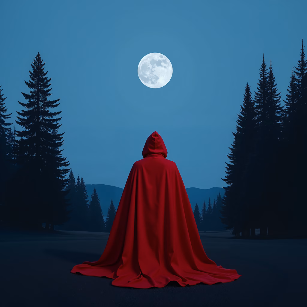 Solitary figure in red cloak under full moon, mysterious forest night.