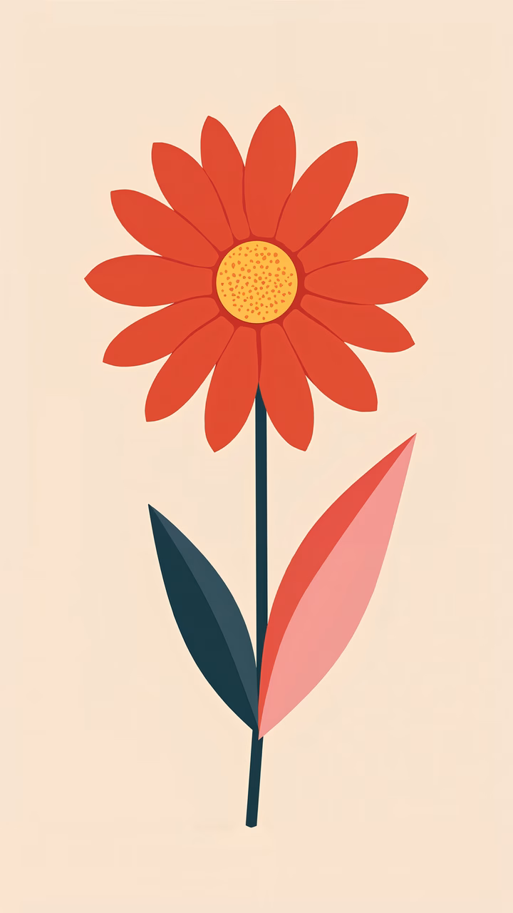 Bold red flower with symmetrical petals and contrasting leaves on a soft beige background.