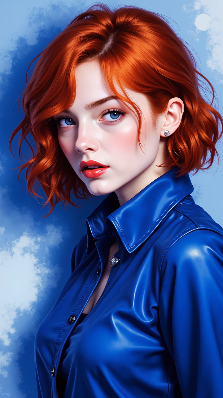 Vibrant portrait of a red-haired woman in a glossy blue shirt against a serene backdrop.