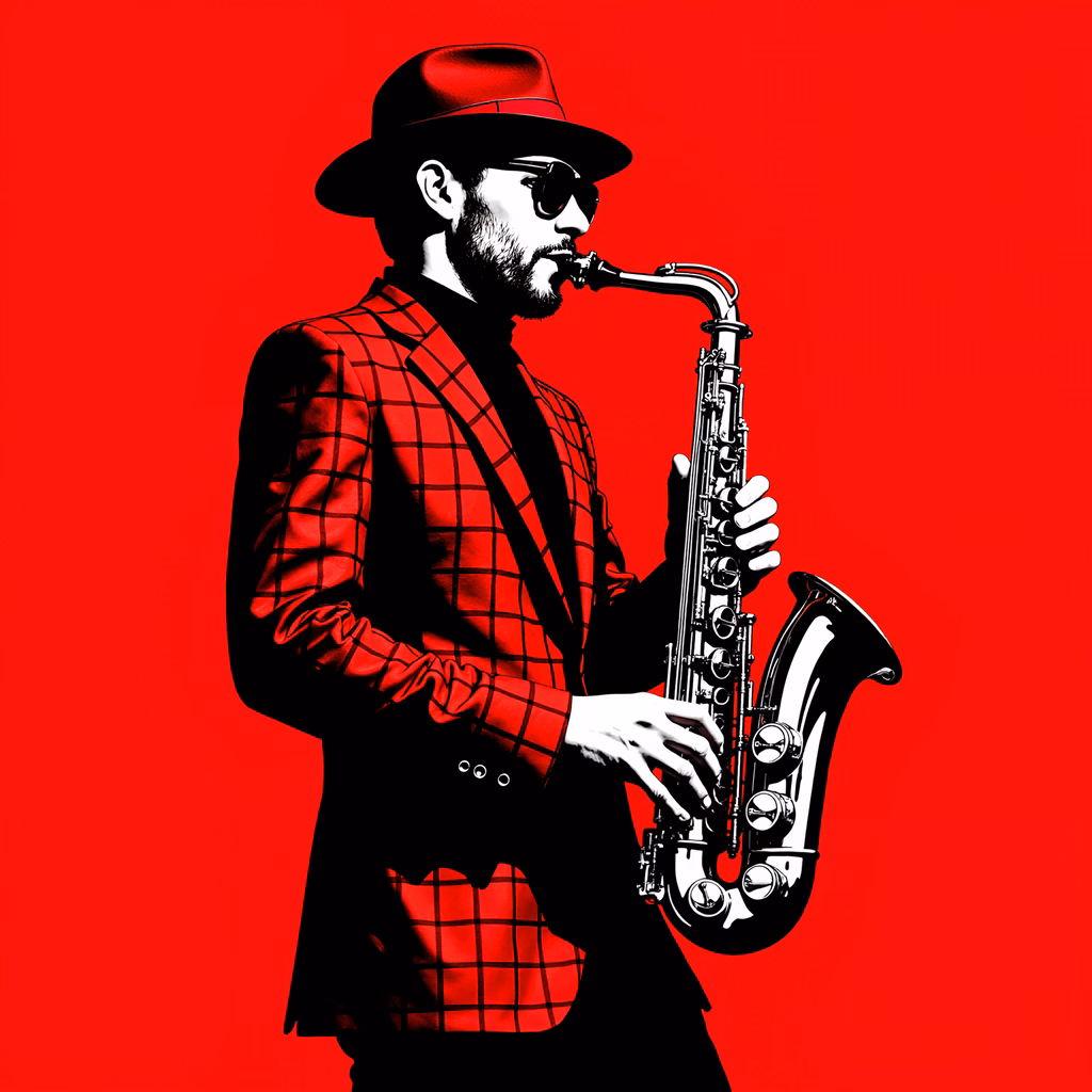 Bold red plaid saxophonist against a vibrant red backdrop, evoking energy and passion.