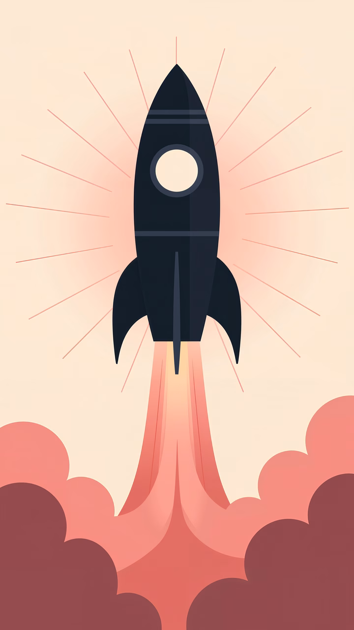 Bold rocket launch illustration with fiery flames and dynamic lines.