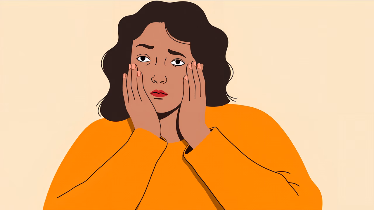 A poignant illustration of sadness with a vibrant orange sweater against a muted beige background.