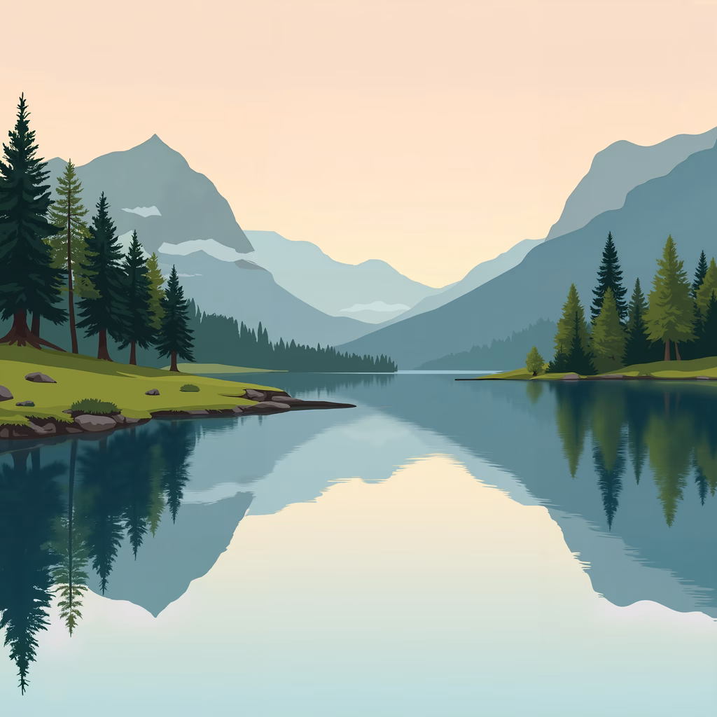 A tranquil lakeside scene with lush greenery and soft pastel colors.
