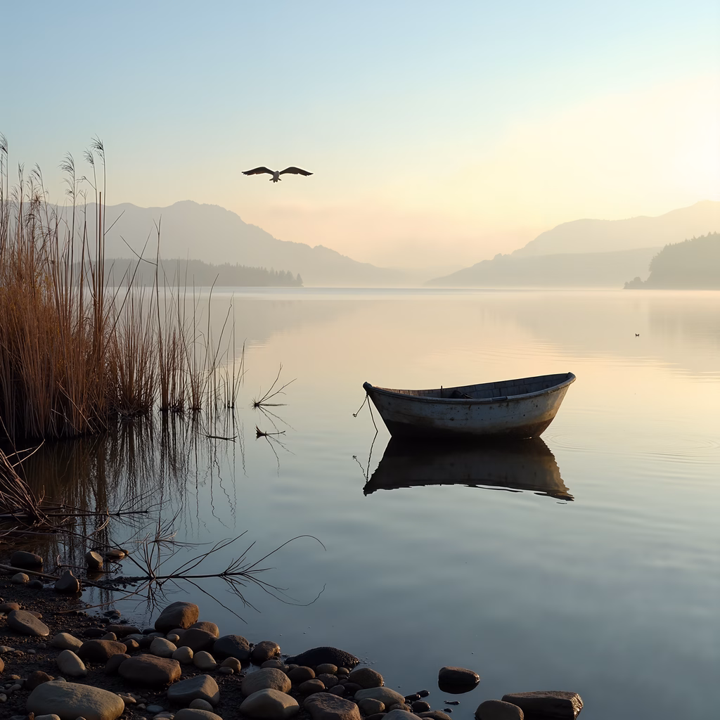 A peaceful sunset scene with a boat on a calm lake, reeds, and a soaring bird.