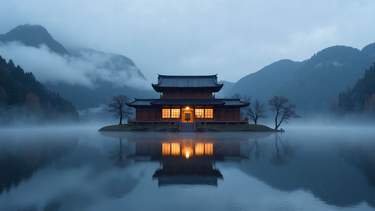 A peaceful temple reflected in a serene lake amidst misty mountains.