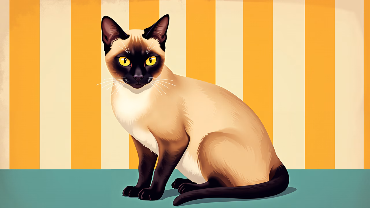 A detailed illustration of a Siamese cat with yellow eyes against a striped background.