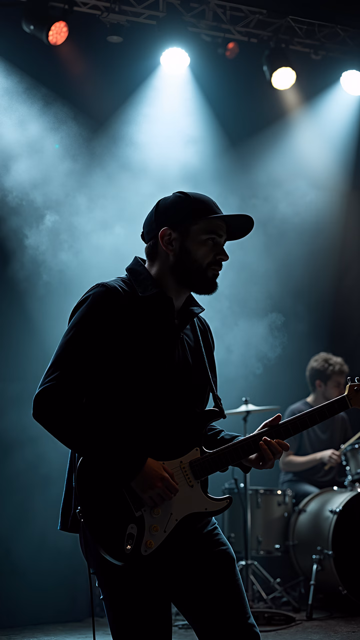 Dramatic silhouette of a guitarist performing under intense stage lights.
