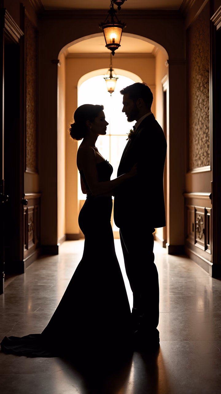 Romantic silhouette of a couple in a warmly lit hallway.
