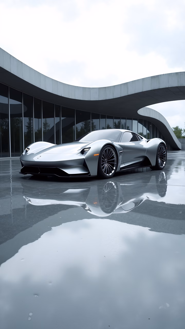 Sleek silver sports car reflecting on wet pavement under a cloudy sky.