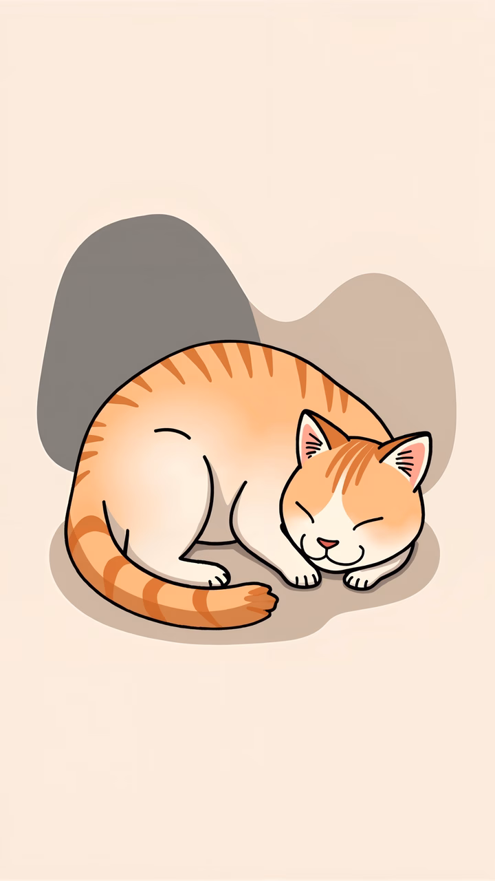 A cute, sleeping cat curled up in a peaceful illustration.