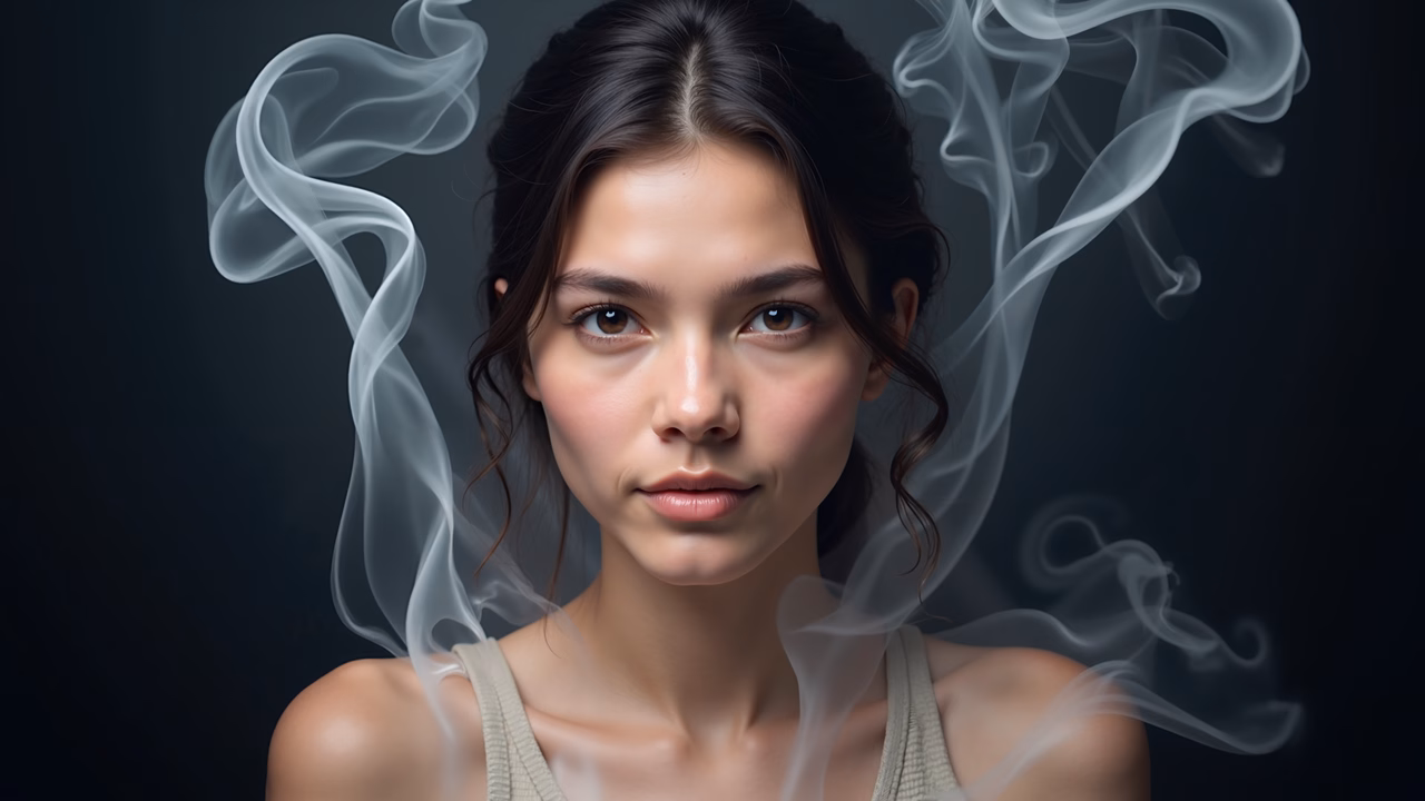 A serene portrait with smoke surrounding a woman, evoking mystery and tranquility.