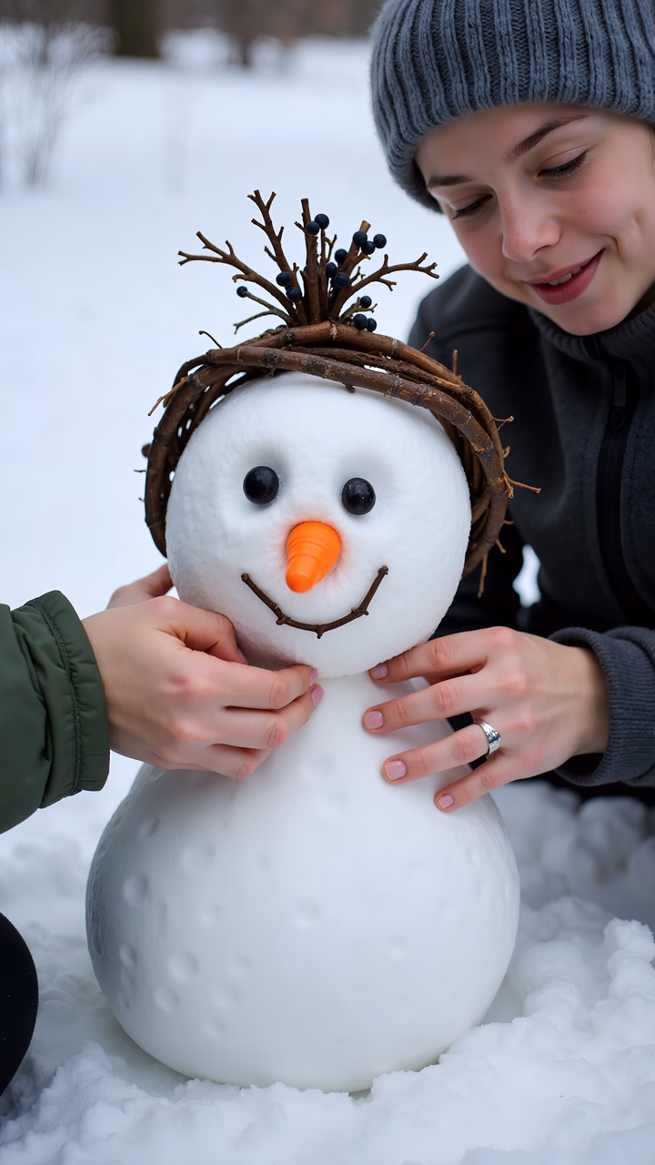Crafting a snowman in a snowy setting, filled with warmth and fun.