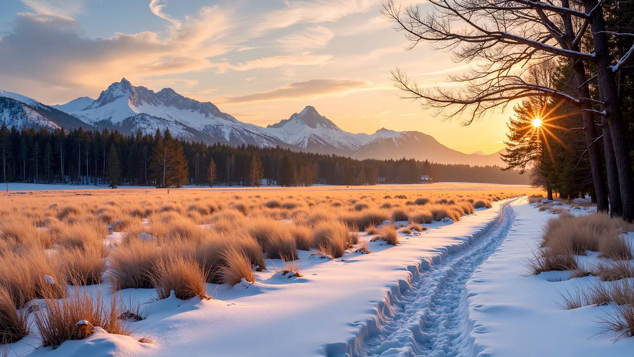 Snowy pathway leading into a golden sunset landscape with mountains in the distance.