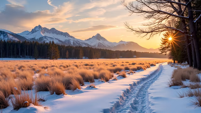 Snowy Pathway at Sunset