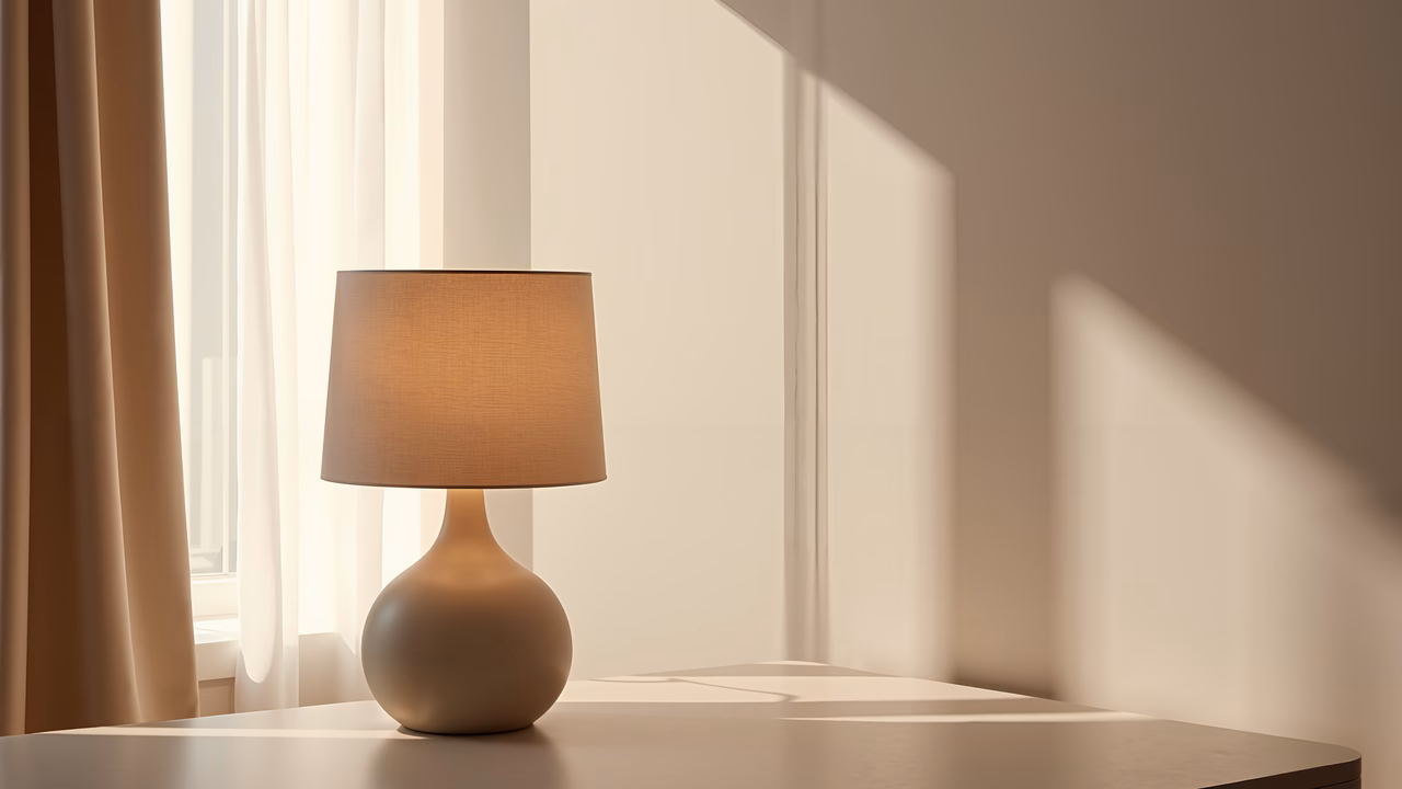 Minimalist interior with soft lighting and a beige lamp.