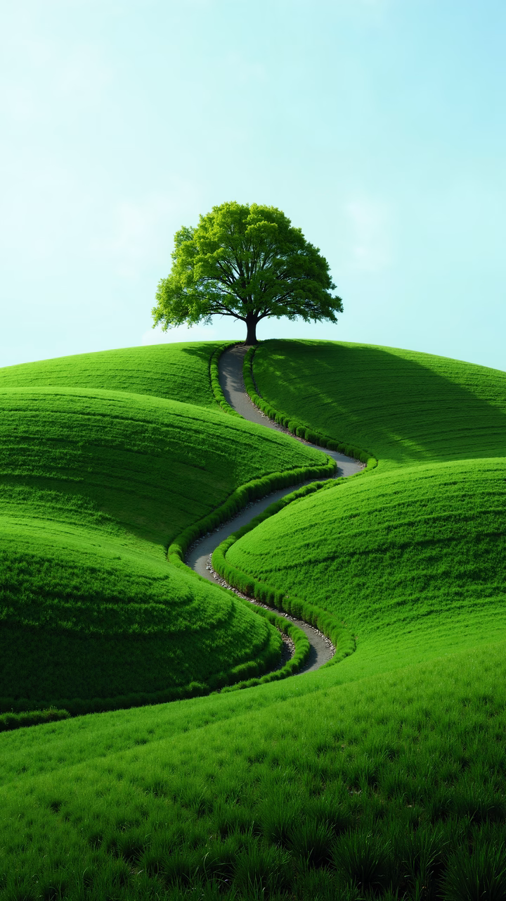 A tranquil illustration of a solitary tree on green hills, symbolizing peace and solitude.