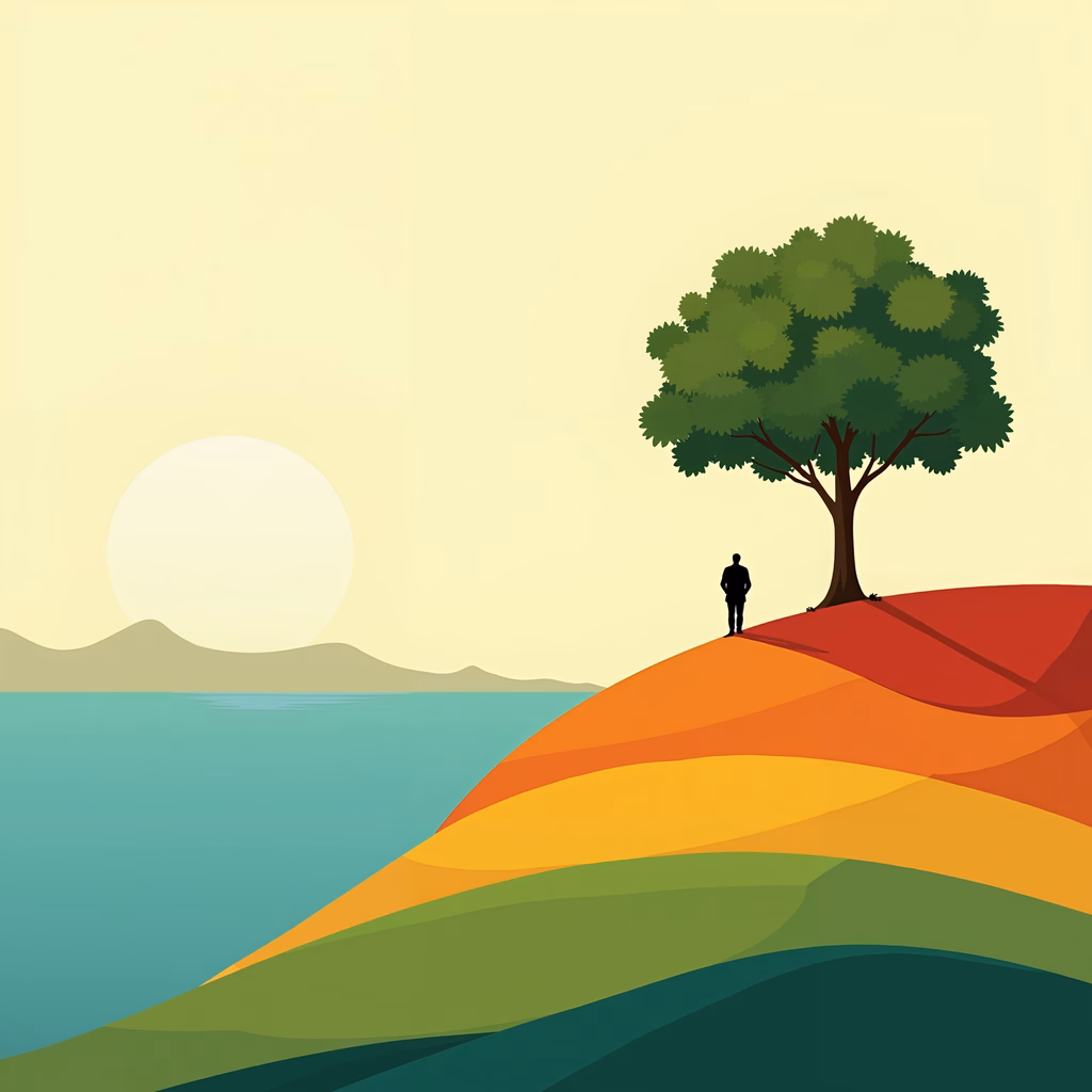 A lone figure stands on a rainbow hill overlooking a calm sea under a soft sunset sky.