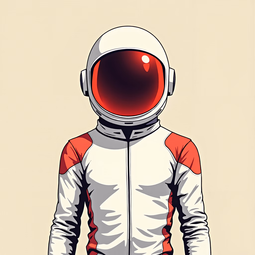 A modern space suit illustration with a reflective helmet and bold color accents.