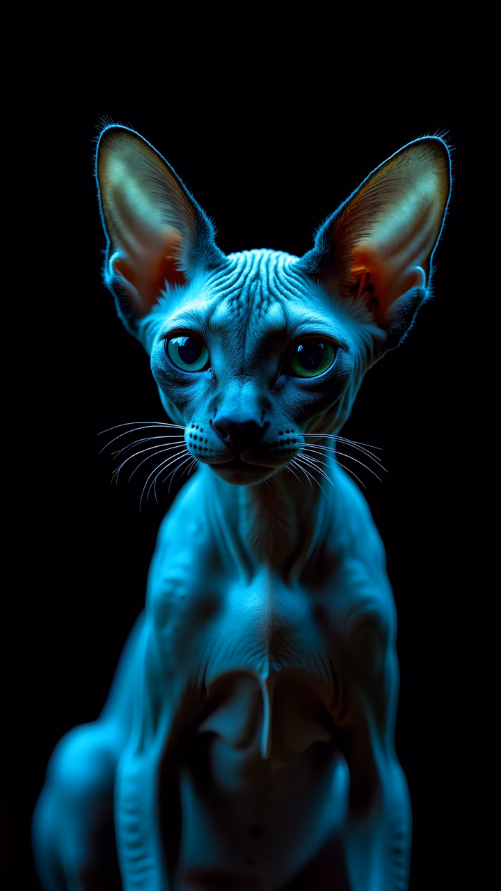 Vibrant teal Sphynx cat against a dark backdrop, captivating animal art.