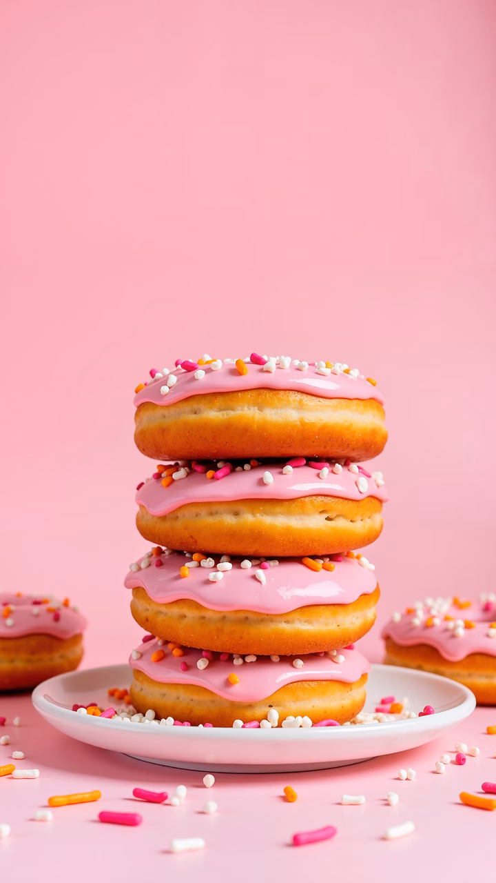 Delicious pink iced donuts stacked on a white plate against a pink background.
