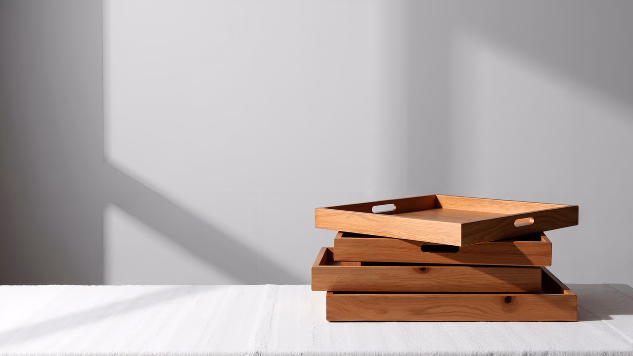 Stacked wooden trays in a minimalist setting, bathed in natural light.