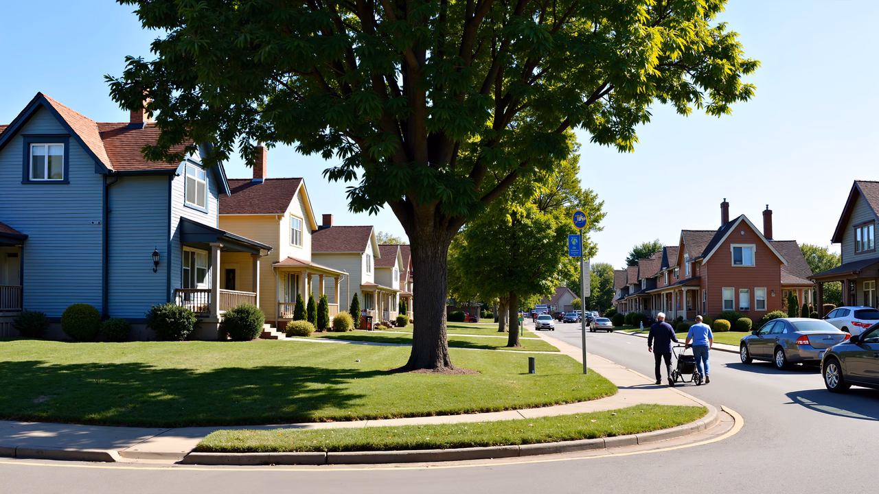 A peaceful suburban scene with vibrant houses and a couple walking leisurely.
