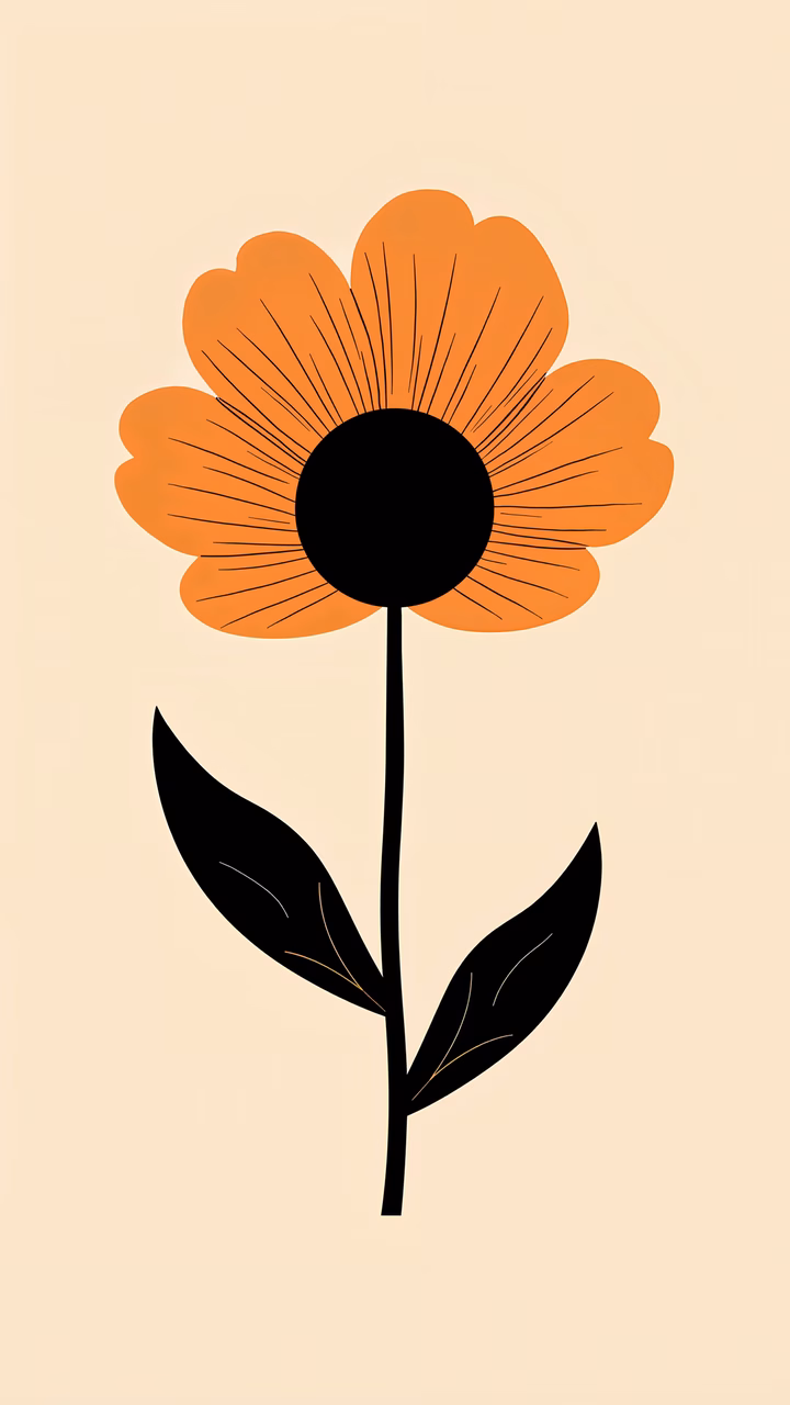 A minimalist illustration of a bright orange sunflower with bold black details on a beige background.