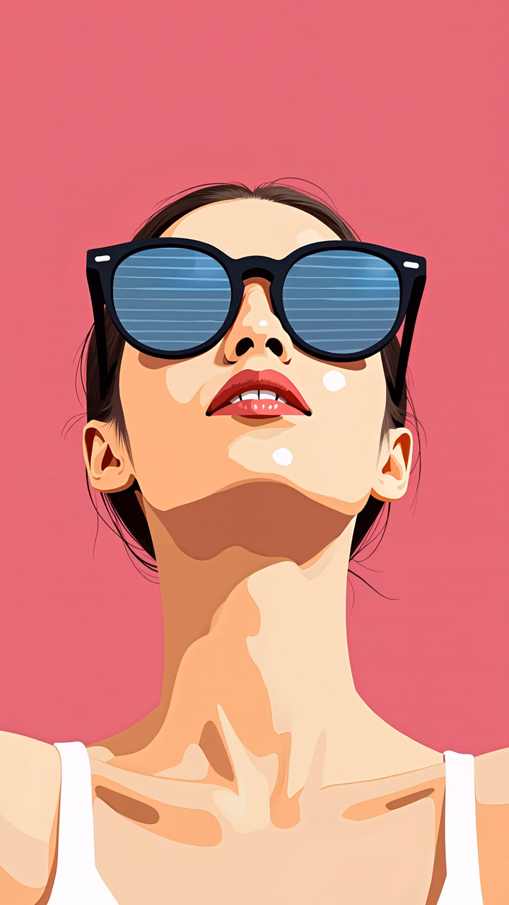 Bold, colorful illustration of a person with sunglasses against a pink backdrop.
