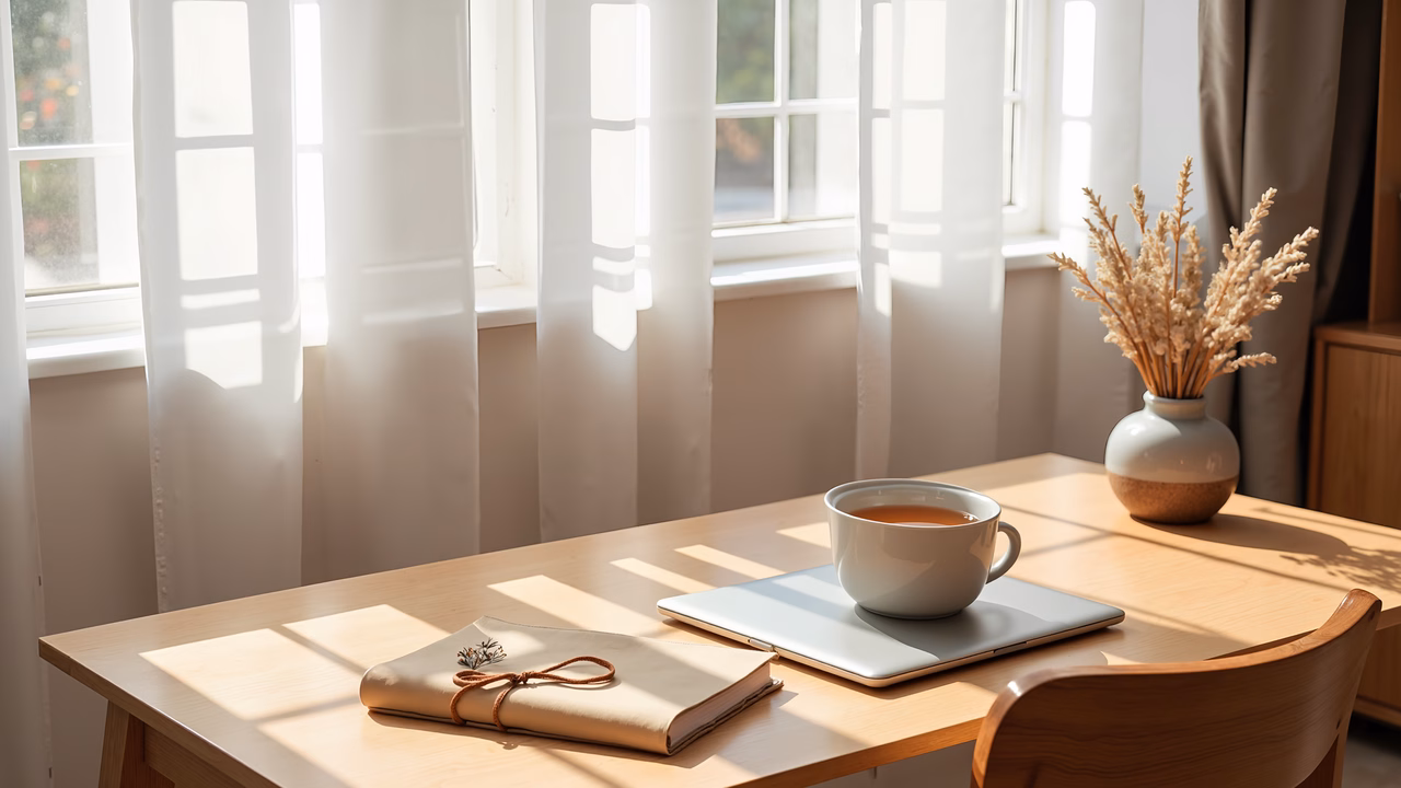 A peaceful desk setup illuminated by morning sun, perfect for work or relaxation.