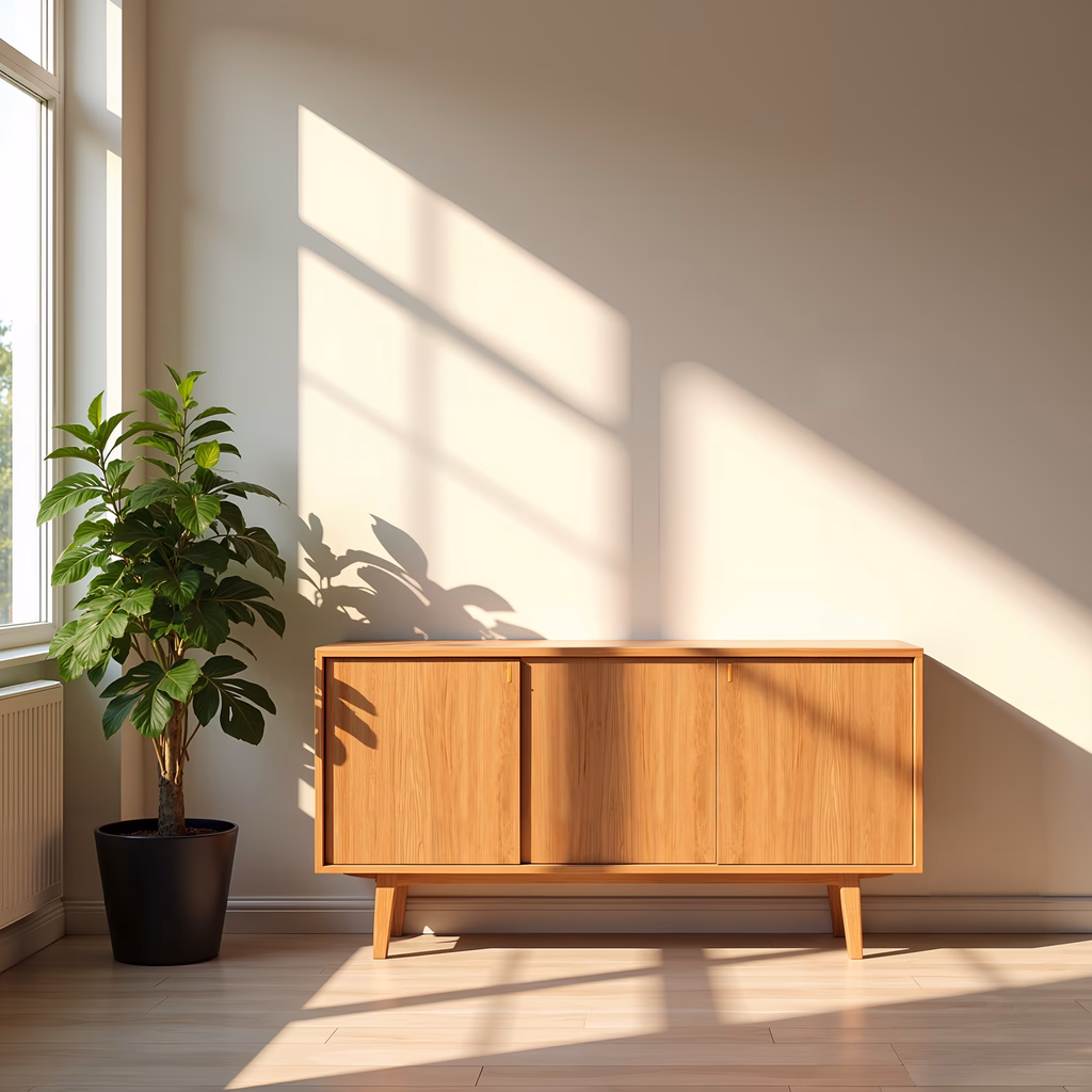 Sunlit interior with wooden furniture and greenery, creating a tranquil atmosphere.