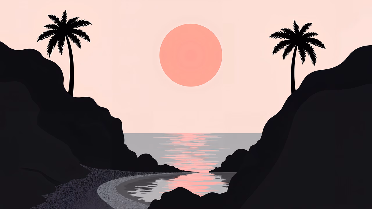 A peaceful sunset beach scene with palm trees and calm waters.