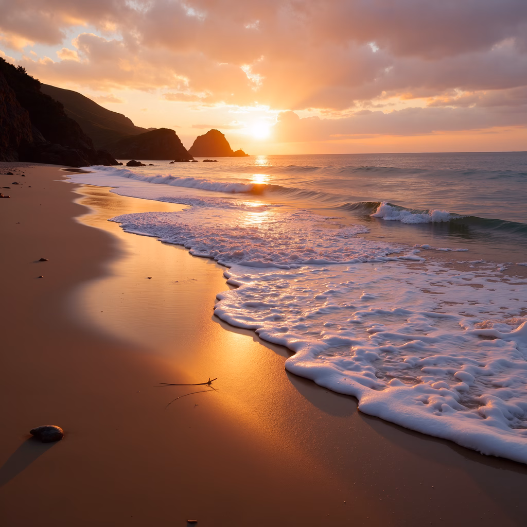 Golden sunset over serene beach with rugged cliffs and calm waves.