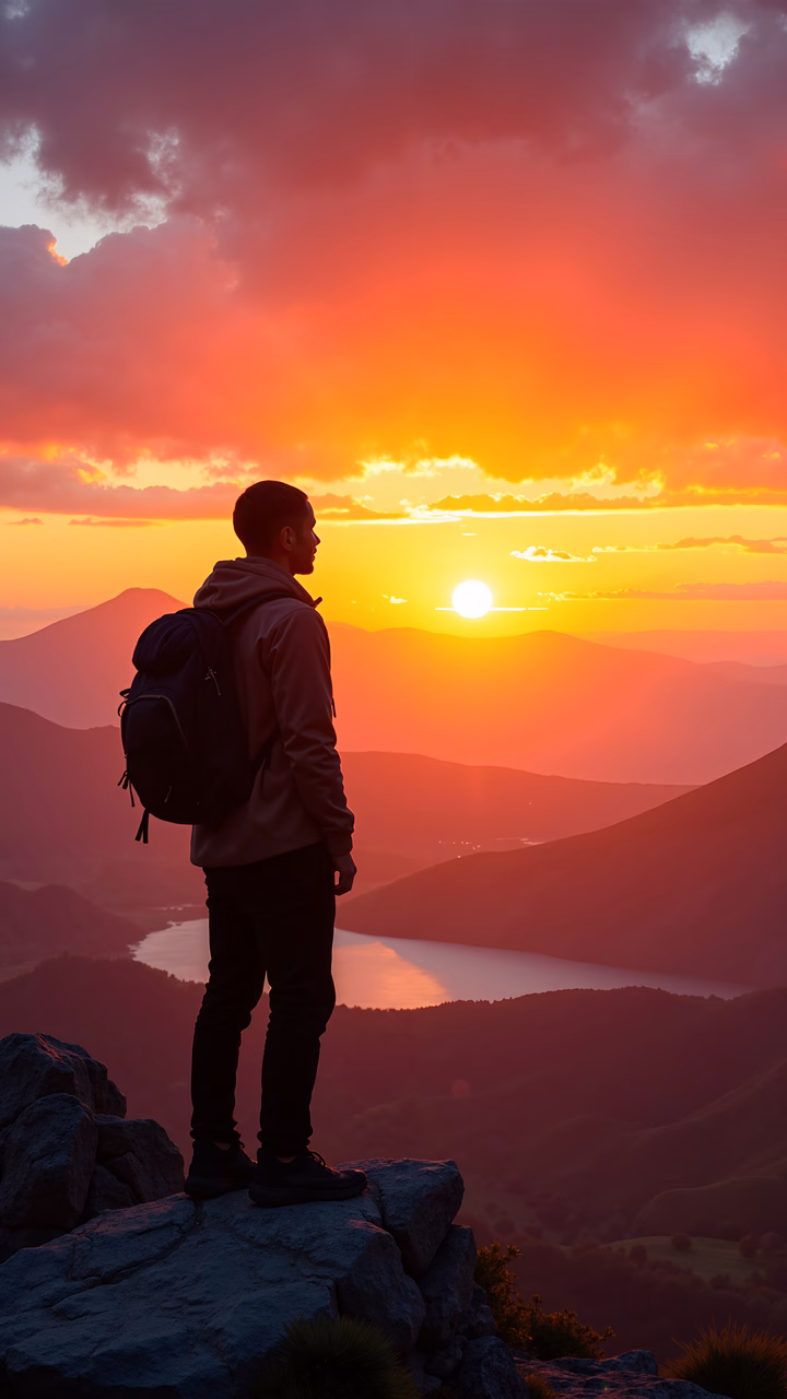 Silhouette of a hiker watching a vibrant sunset over a tranquil lake and mountains.