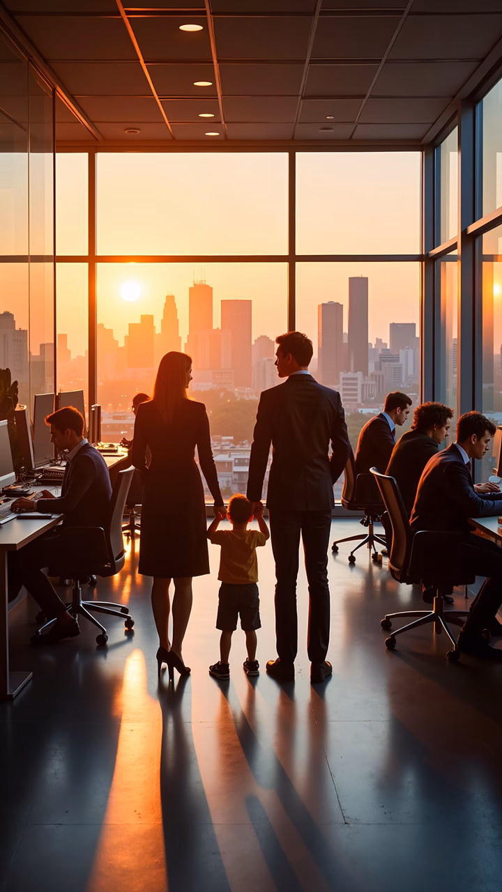 Family unity in a modern office at sunset.