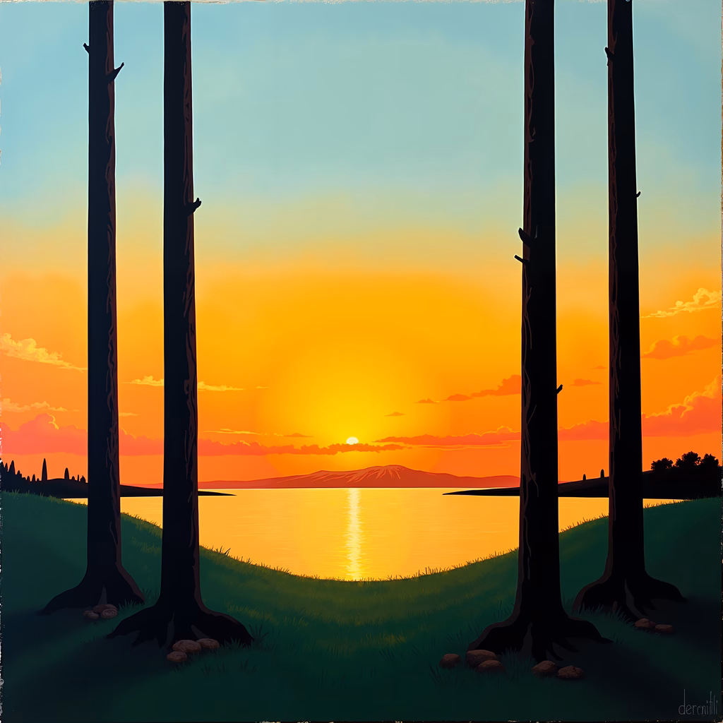 A peaceful sunset scene framed by trees, showcasing vibrant colors and serene landscapes.