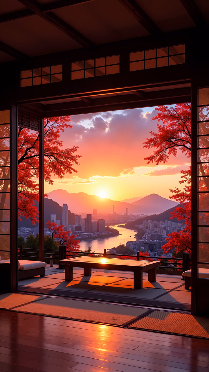 A tranquil sunset scene viewed through traditional Japanese sliding doors, featuring warm colors and red autumn leaves.