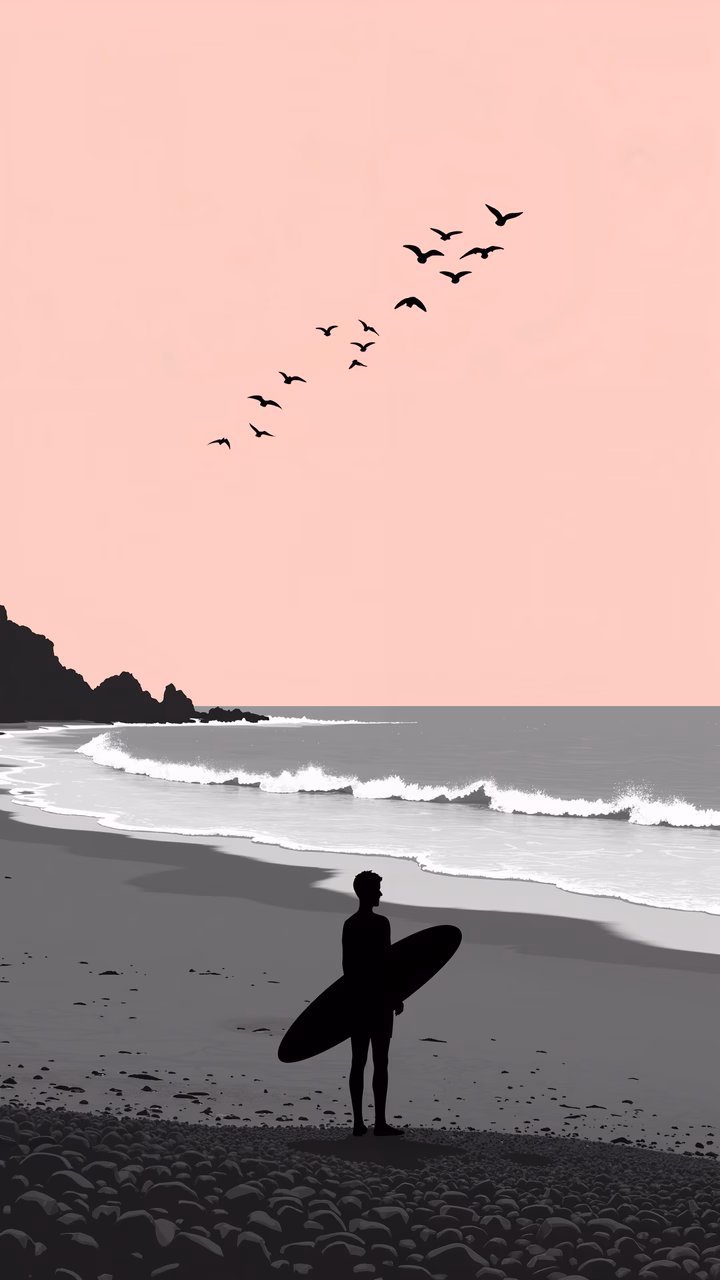Minimalist surfer silhouette against a pink sky, serene beach, and flying birds.