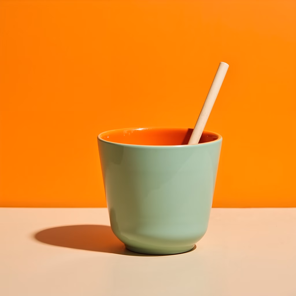 A minimalist tea cup setup with a wooden spoon against a warm orange backdrop.