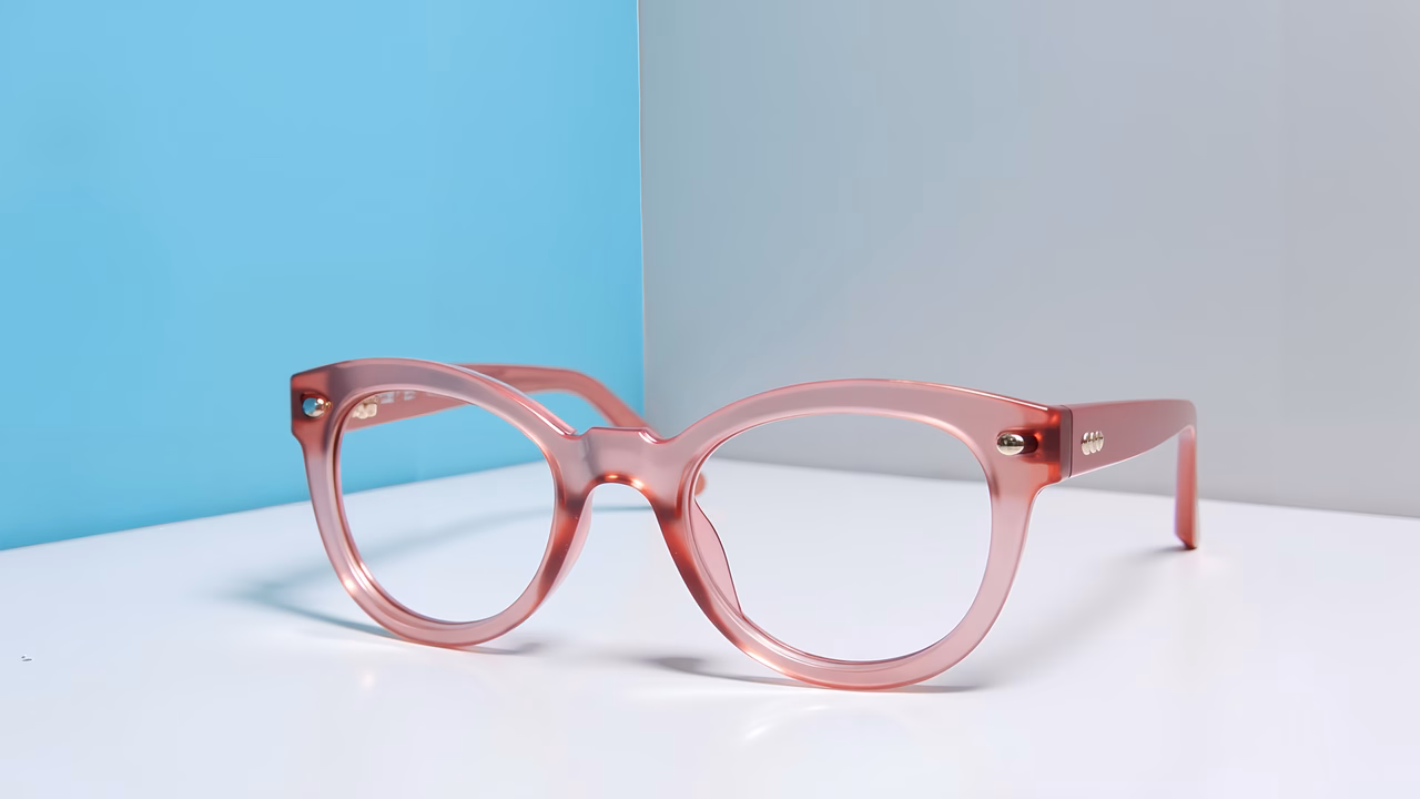 Translucent pink glasses on a minimalist white surface with a blue backdrop.