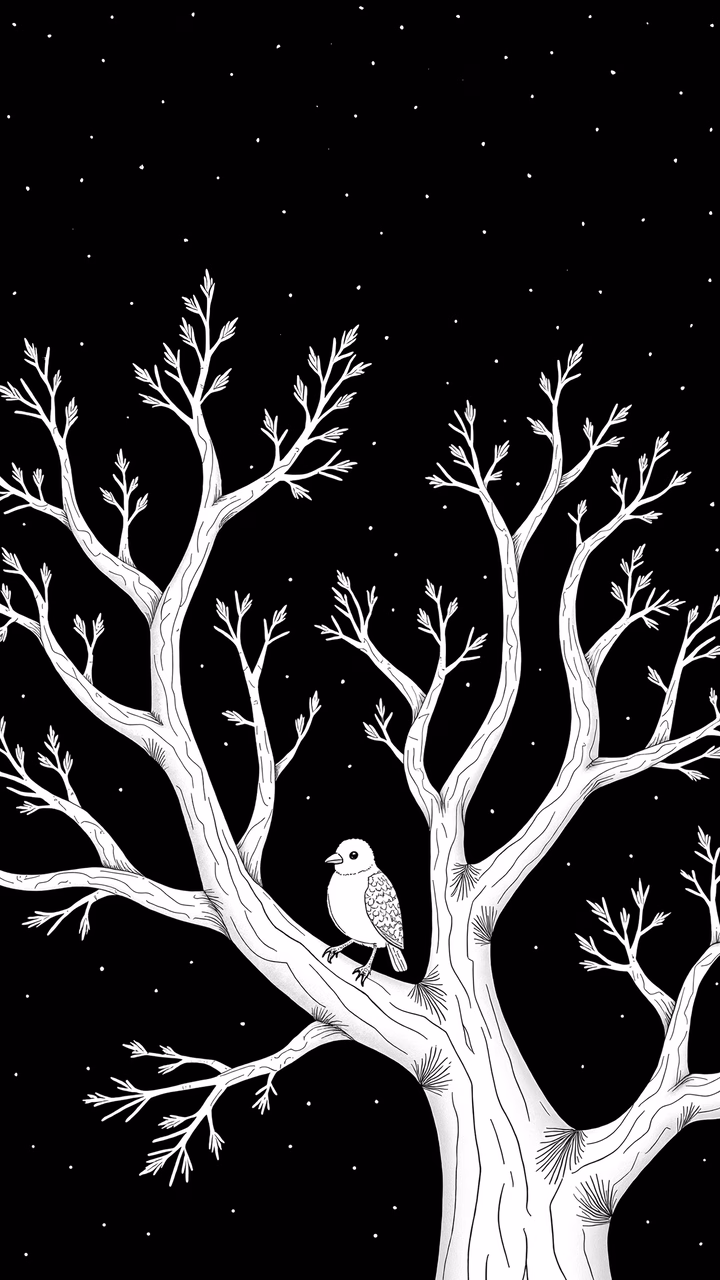 A serene black and white illustration of a tree and a bird under a starlit sky.