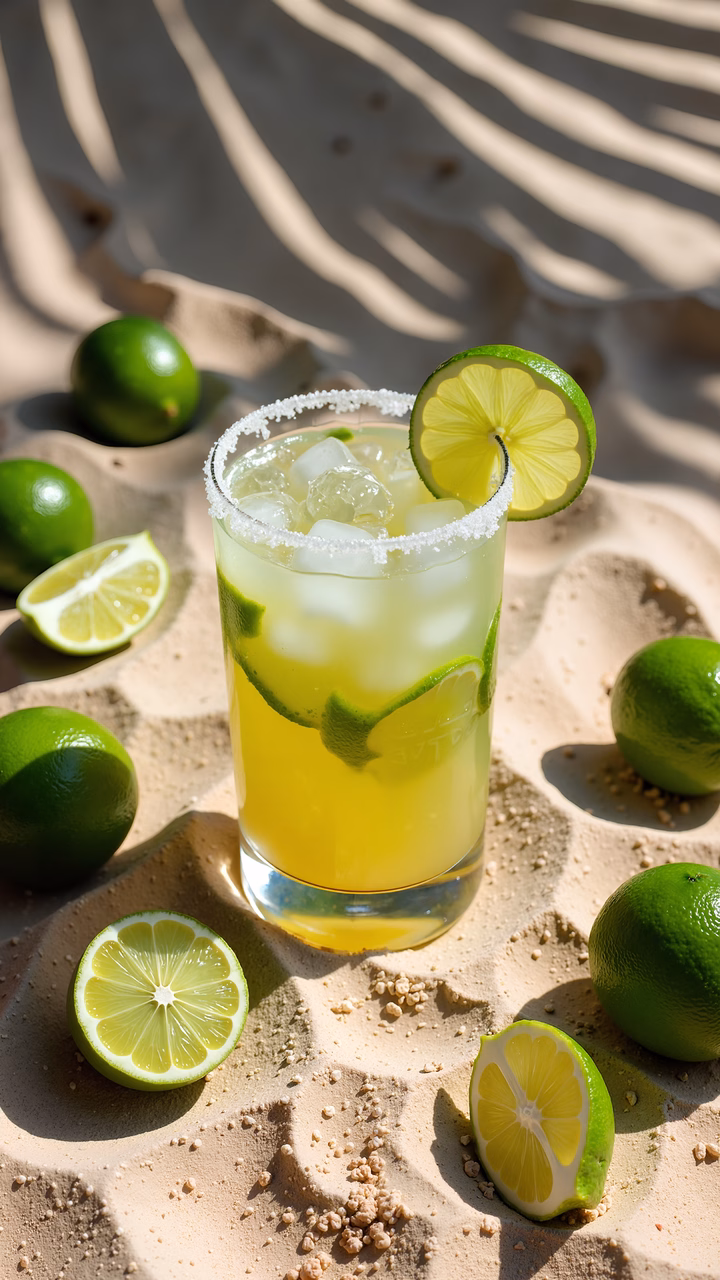 Bright and refreshing tropical margarita on a sandy beach with lime slices.