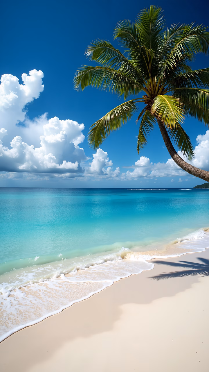 A peaceful tropical beach with a single palm tree and turquoise waters.